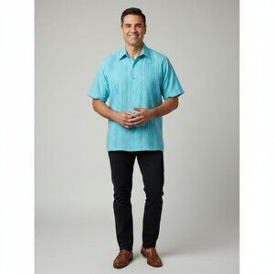 Mens Vintage Linen Shirt Blue Diamond Pattern Button Down Summer Resort 40